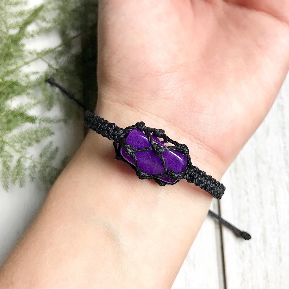 ☽Wrapped Amethyst Crystal Black Waxed Bracelet ☾ - Picture 3 of 4